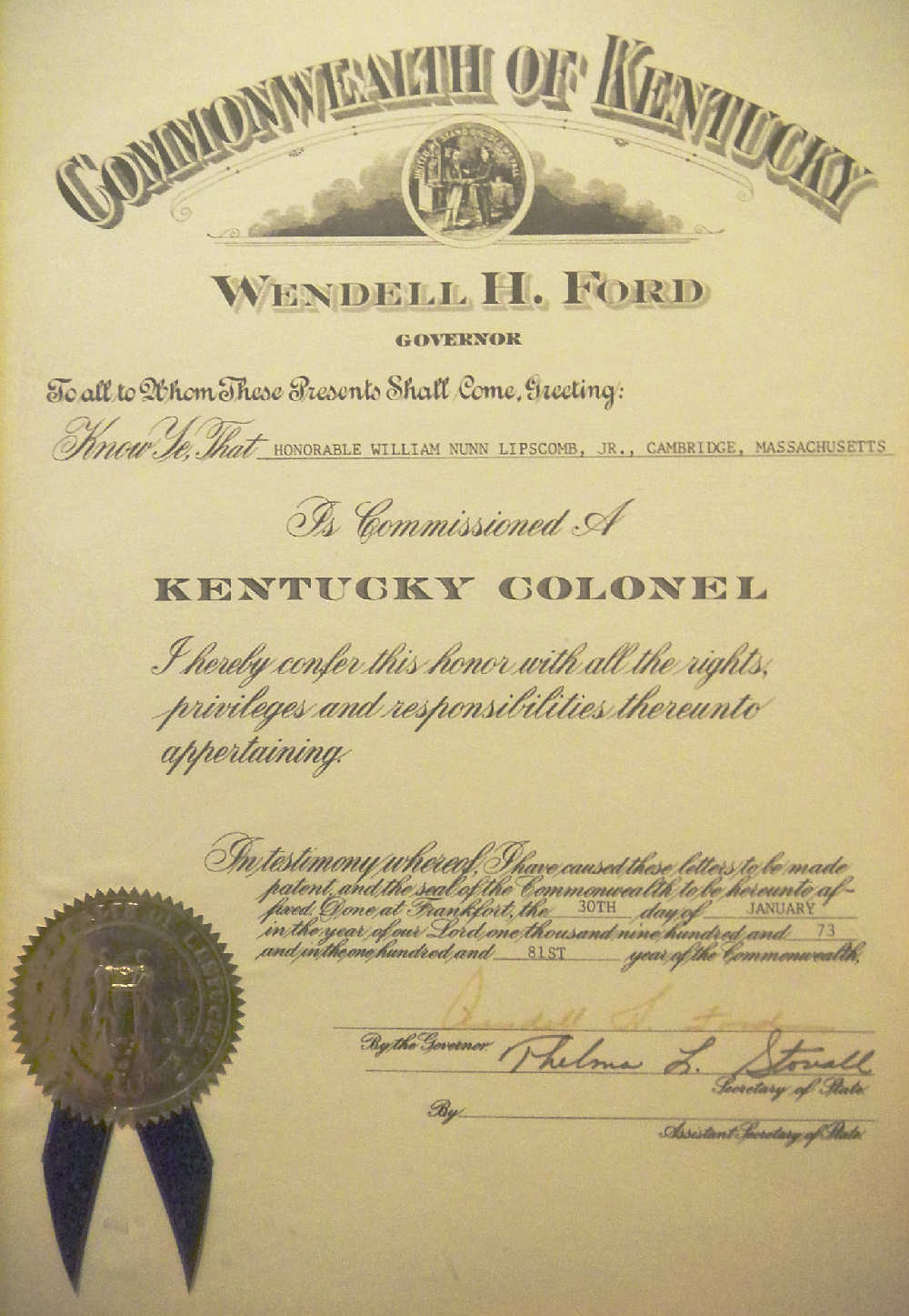 Bill Lipscomb (William
          Lipscomb) commissioned as an honory Kentucky Colonel