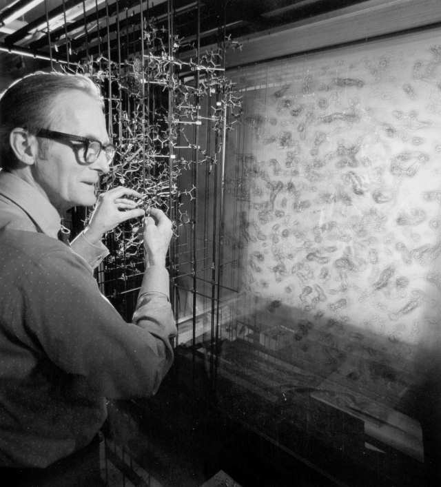 William Lipscomb fitting a Kendrew model of a protein to its electron density map in a Richards Box